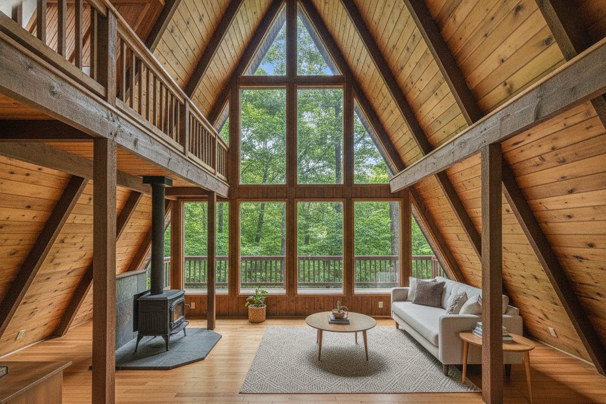 Living room of the treetop a-frame in Asheville, NC
