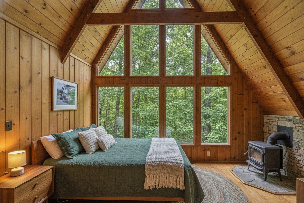 Primary bedroom of the treetop a-frame in Asheville, NC
