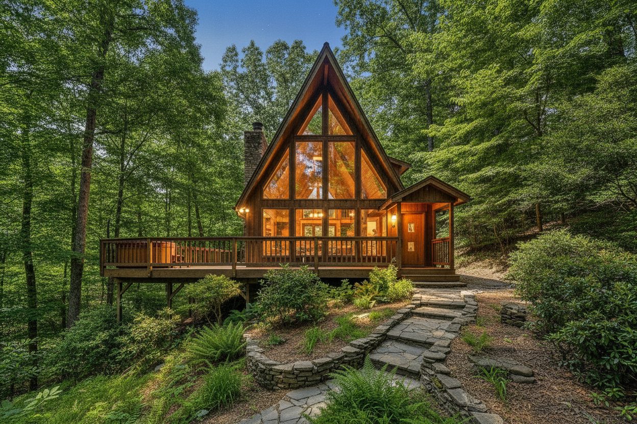 Exterior at night of the treetop a-frame in Asheville, NC