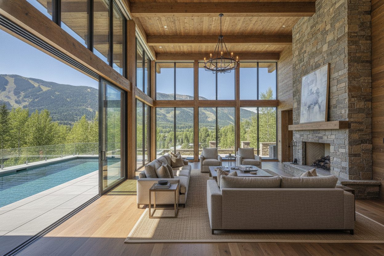 Living room of the mountain modern estate in Aspen, CO