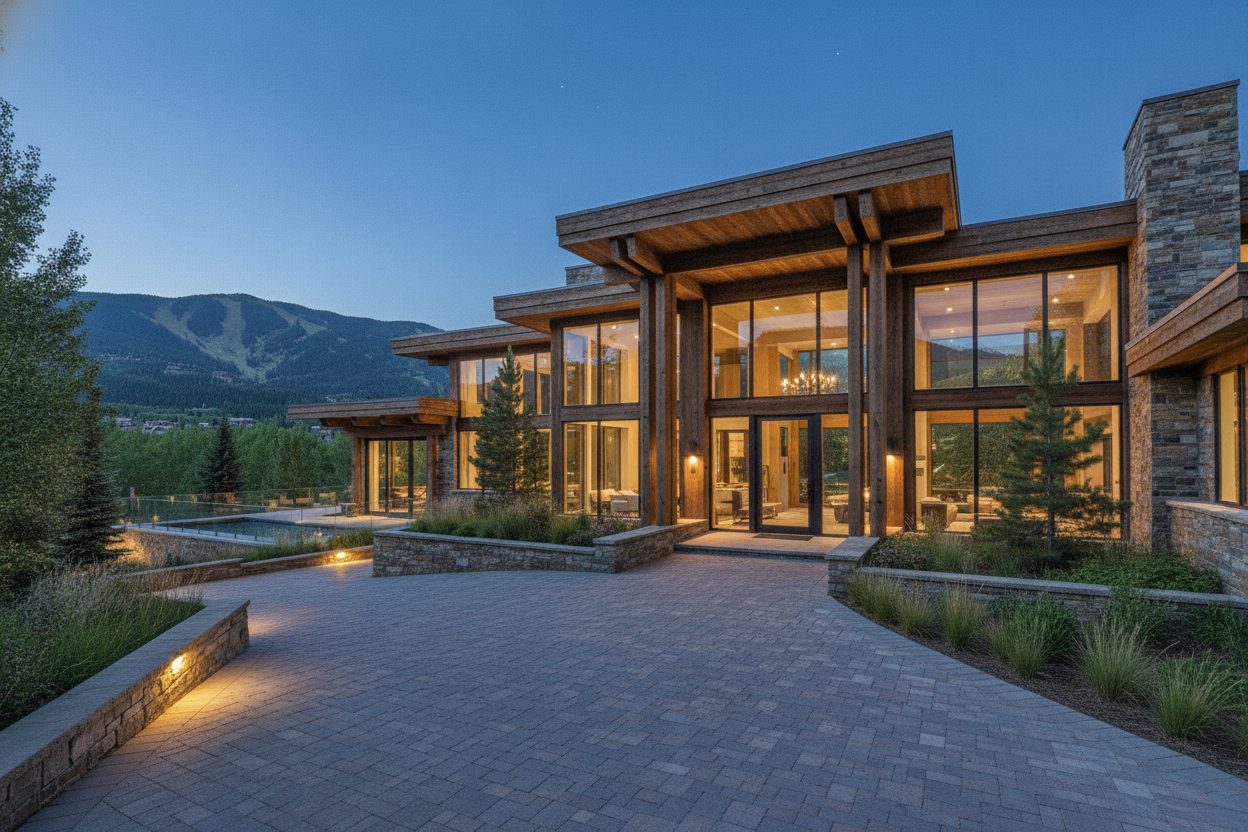 Exterior at night of the mountain modern estate in Aspen, CO