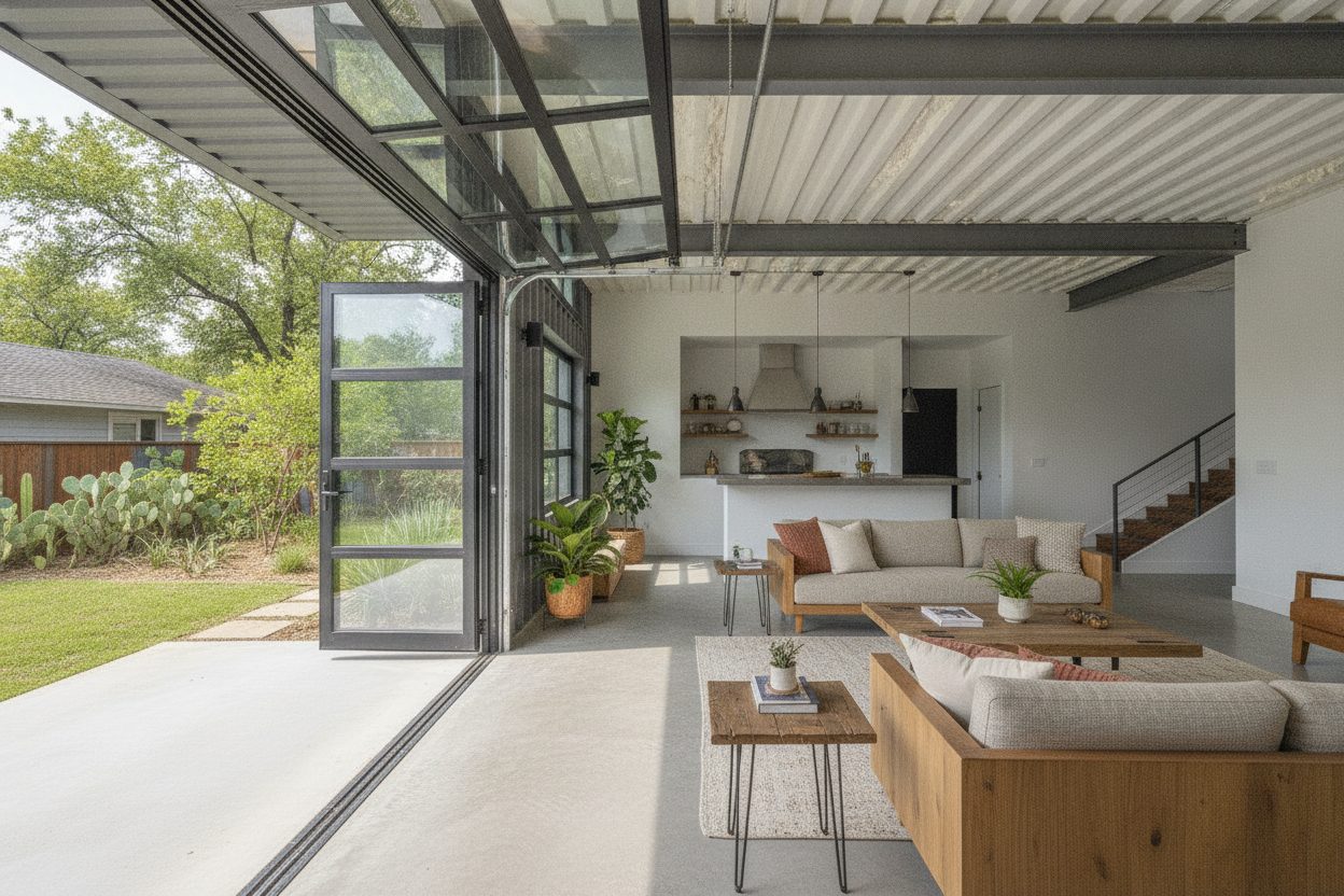 Living room of the shipping container home in Austin, TX