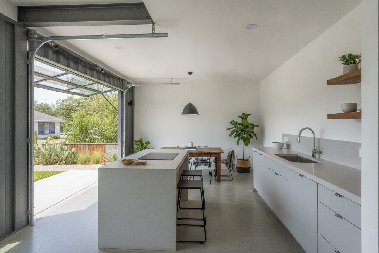 Kitchen of the shipping container home in Austin, TX