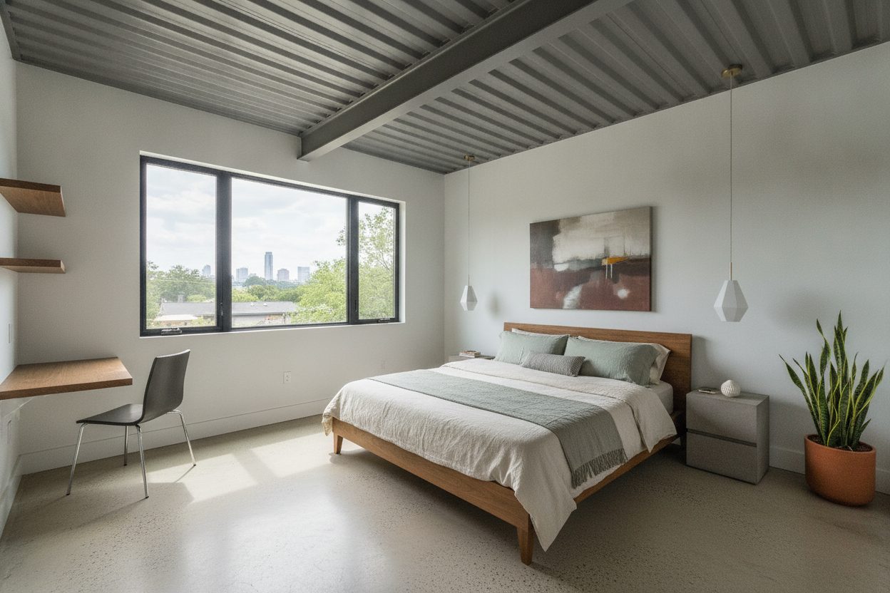Primary bedroom of the shipping container home in Austin, TX