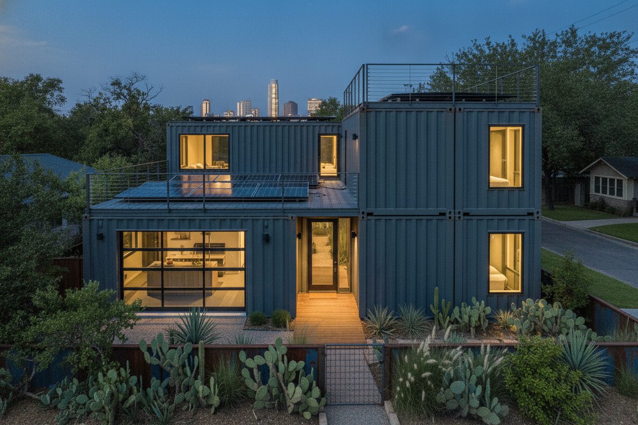 Exterior at night of the shipping container home in Austin, TX