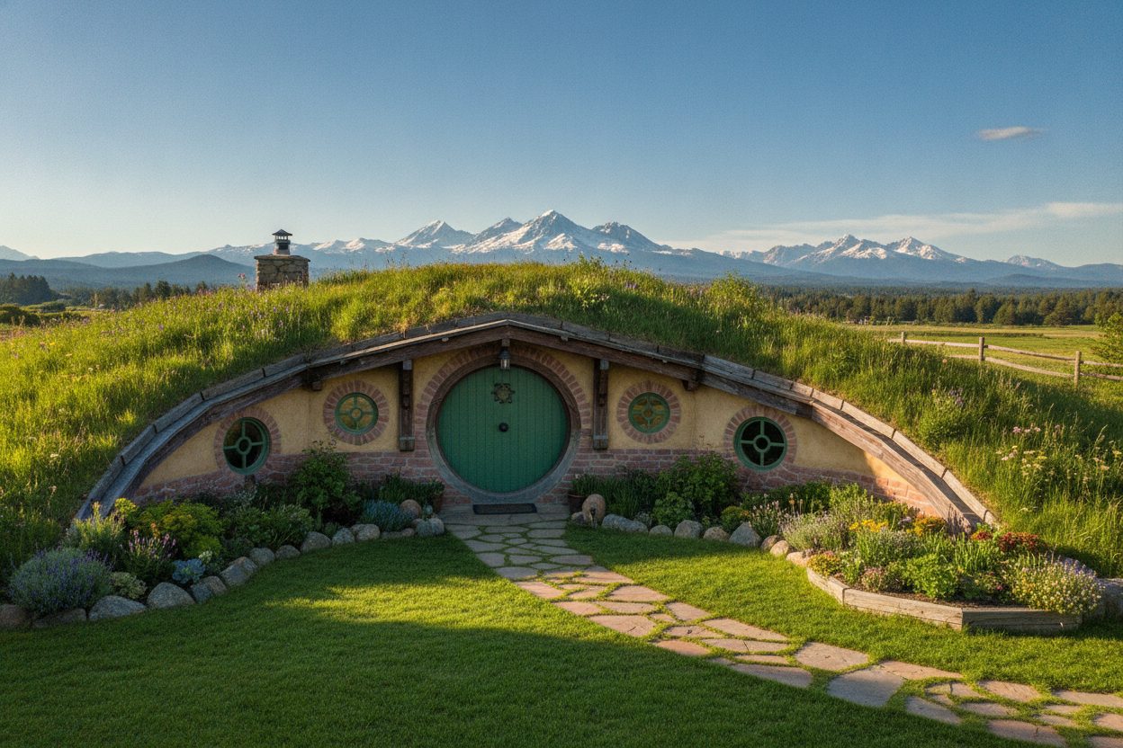 Exterior of the earth-bermed hobbit house in Bend, OR