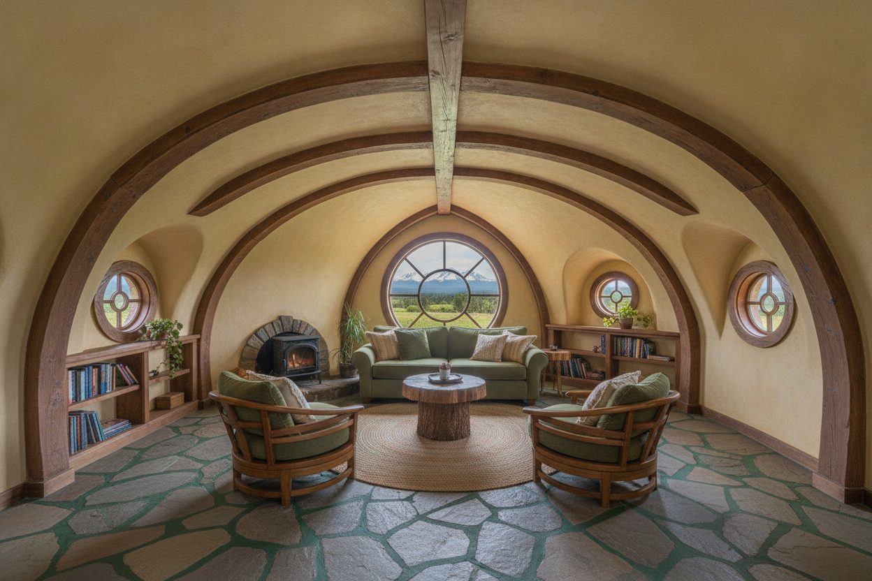 Living room of the earth-bermed hobbit house in Bend, OR