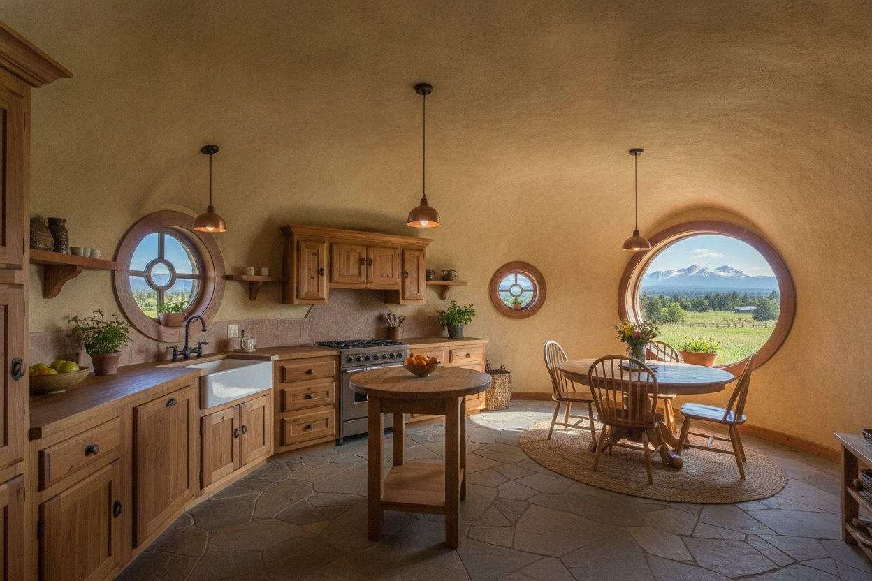 Kitchen of the earth-bermed hobbit house in Bend, OR