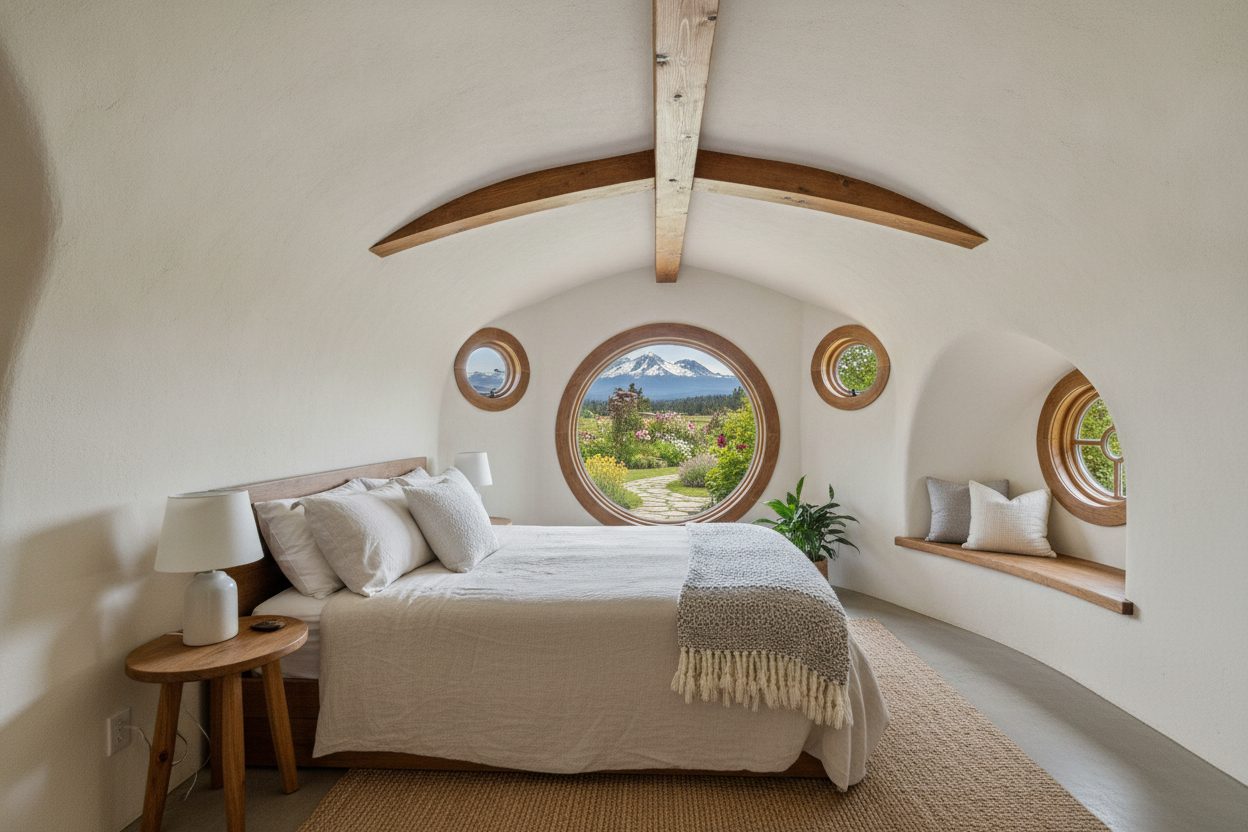 Primary bedroom of the earth-bermed hobbit house in Bend, OR