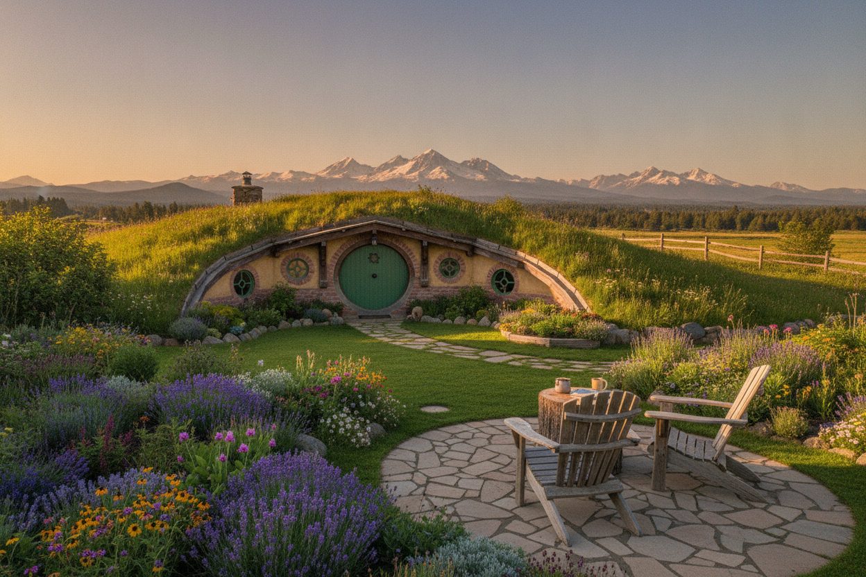 Outdoor space of the earth-bermed hobbit house in Bend, OR