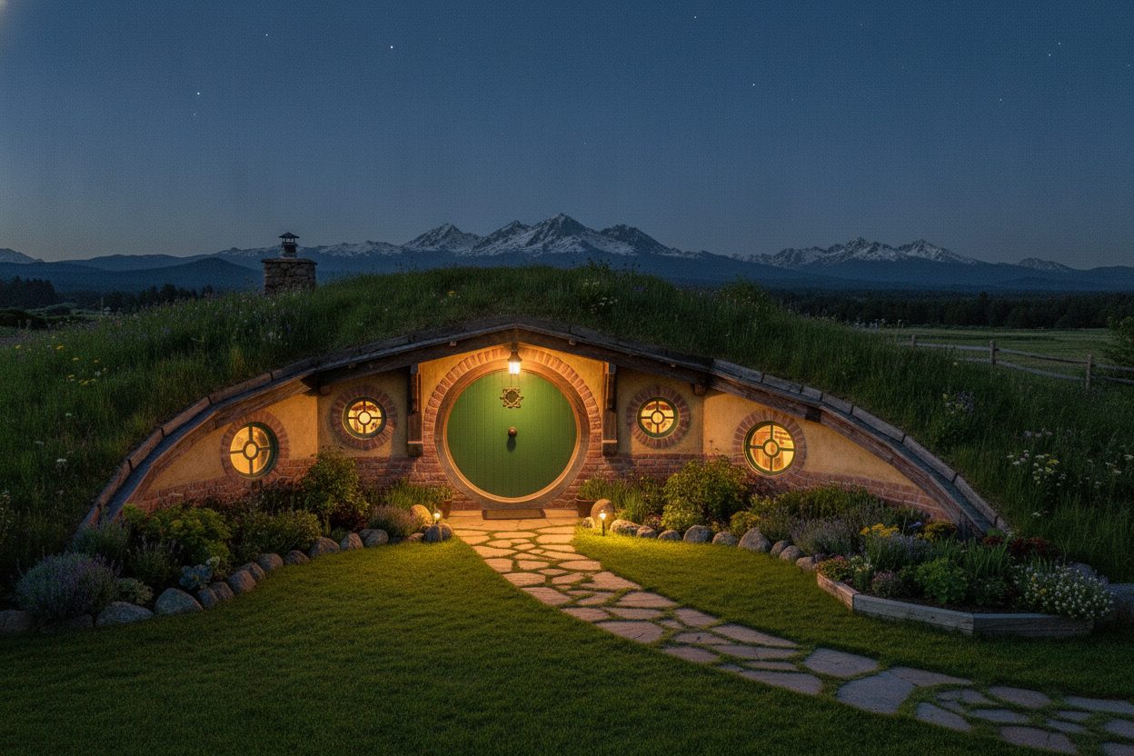 Exterior at night of the earth-bermed hobbit house in Bend, OR