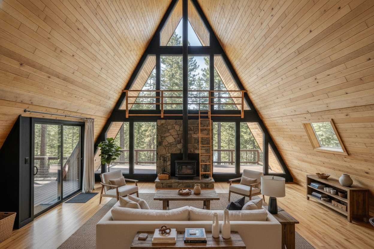 Living room of the mountain a-frame in Big Bear Lake, CA