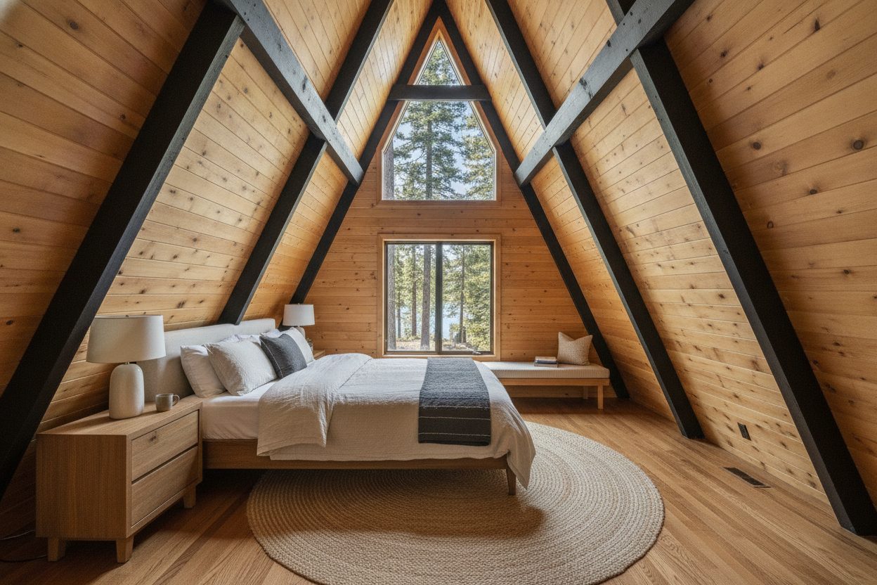 Primary bedroom of the mountain a-frame in Big Bear Lake, CA