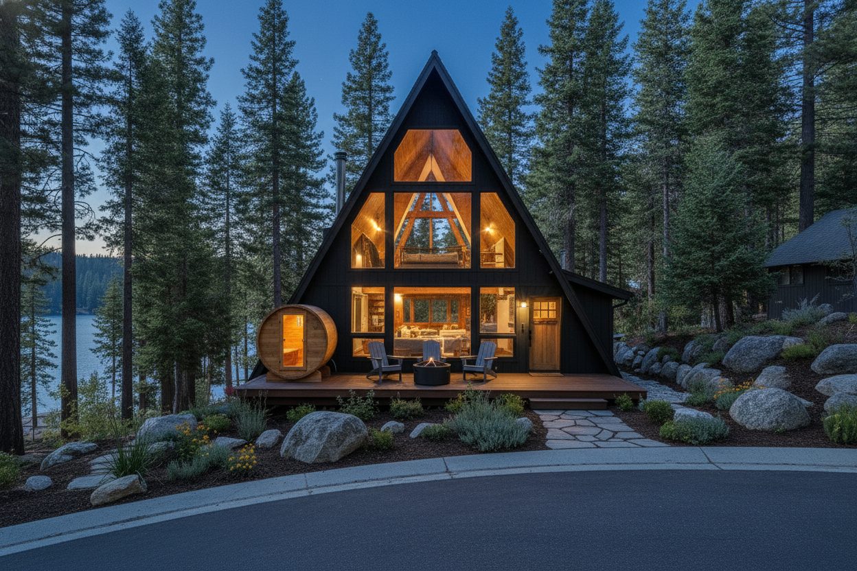 Exterior at night of the mountain a-frame in Big Bear Lake, CA