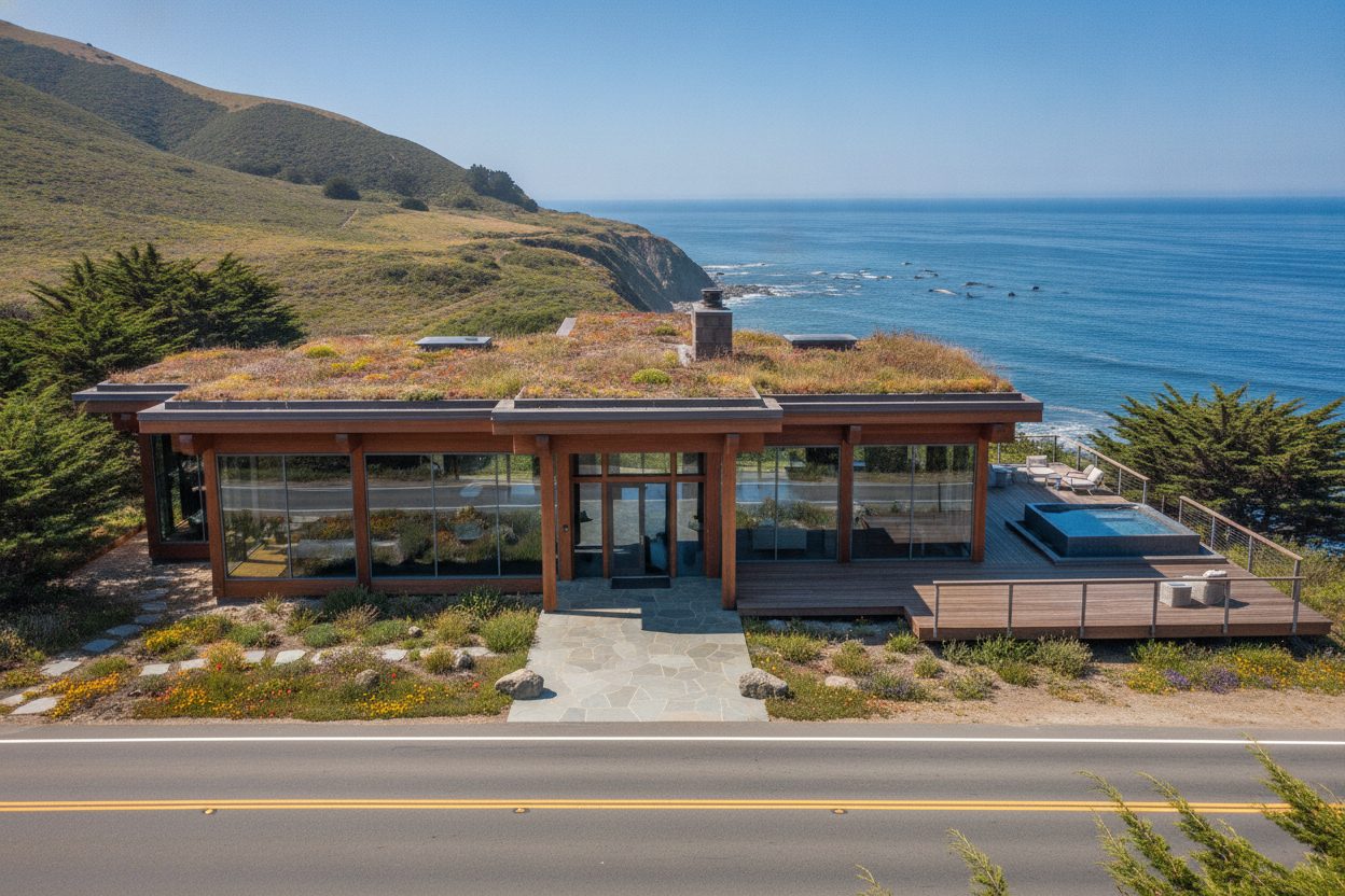 Exterior of the cliffside glass house in Big Sur, CA