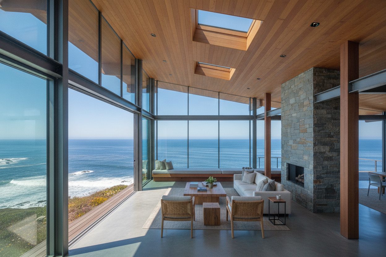 Living room of the cliffside glass house in Big Sur, CA