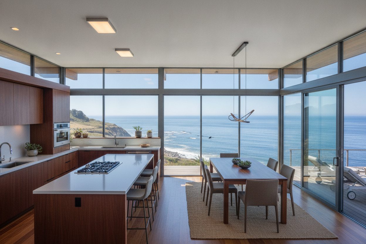 Kitchen of the cliffside glass house in Big Sur, CA