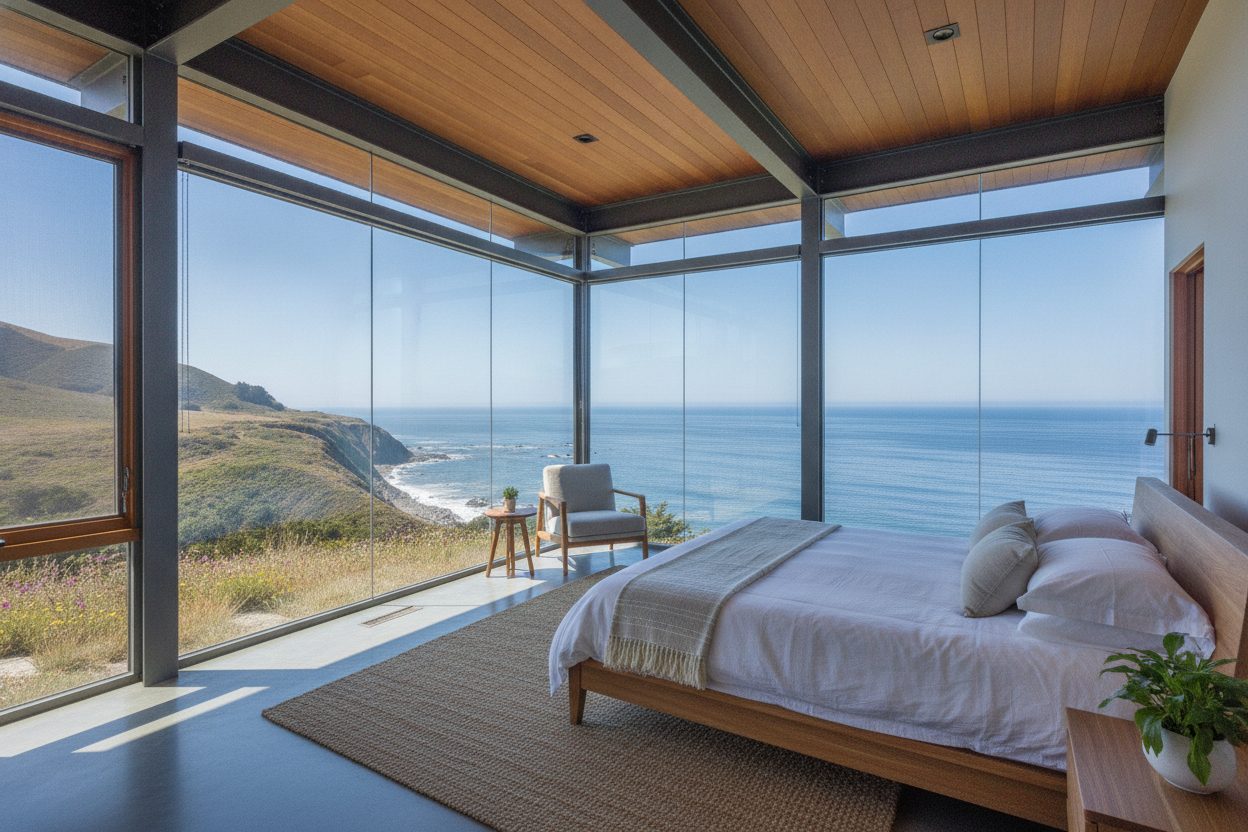 Primary bedroom of the cliffside glass house in Big Sur, CA