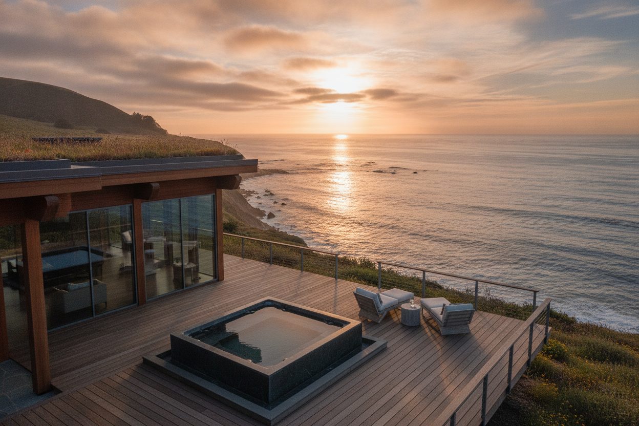 Outdoor space of the cliffside glass house in Big Sur, CA