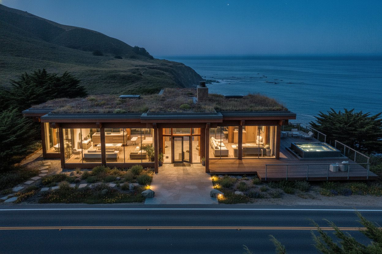 Exterior at night of the cliffside glass house in Big Sur, CA
