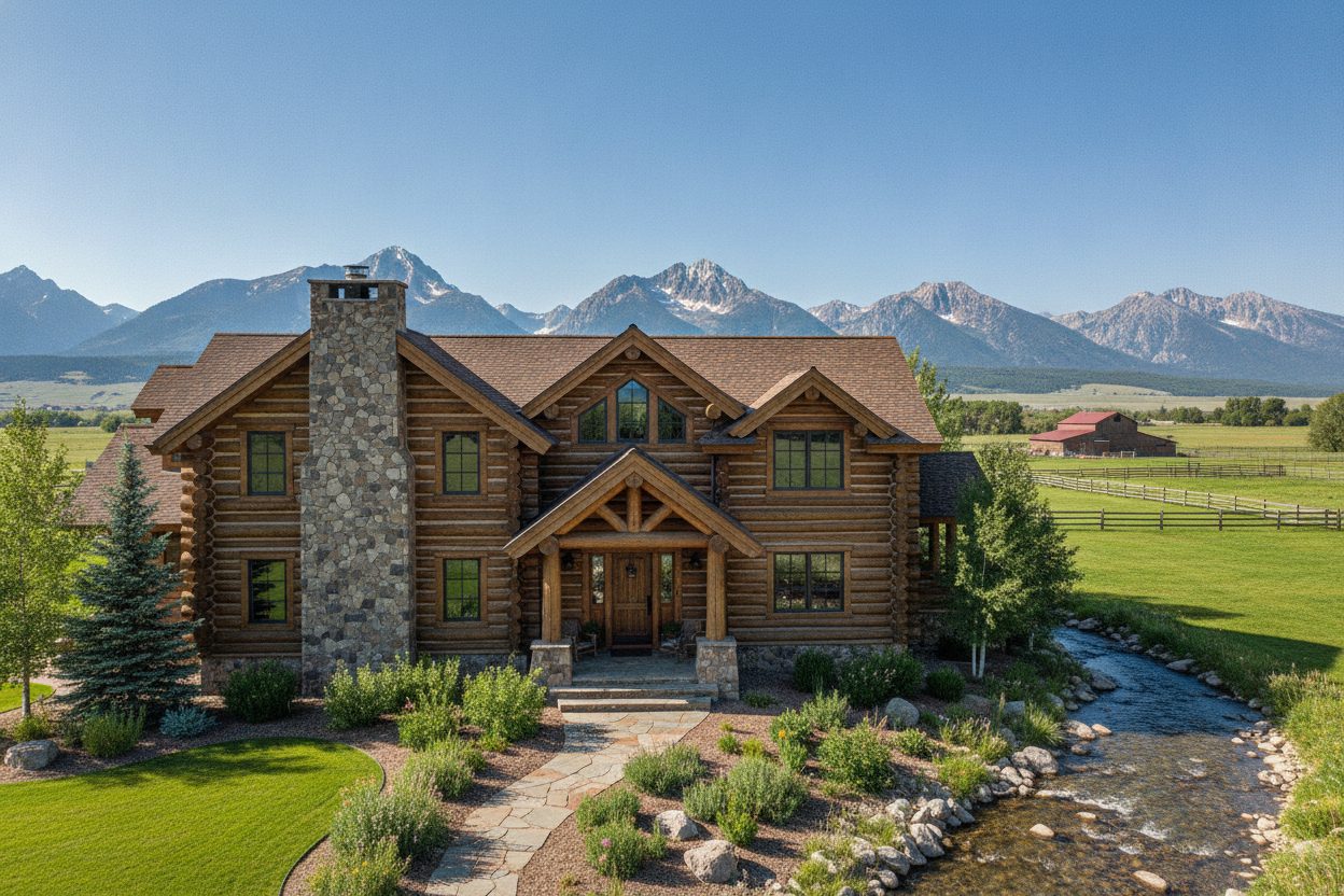 Exterior of the log home on 40 acres in Bozeman, MT