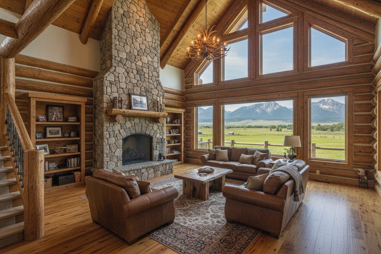 Living room of the log home on 40 acres in Bozeman, MT