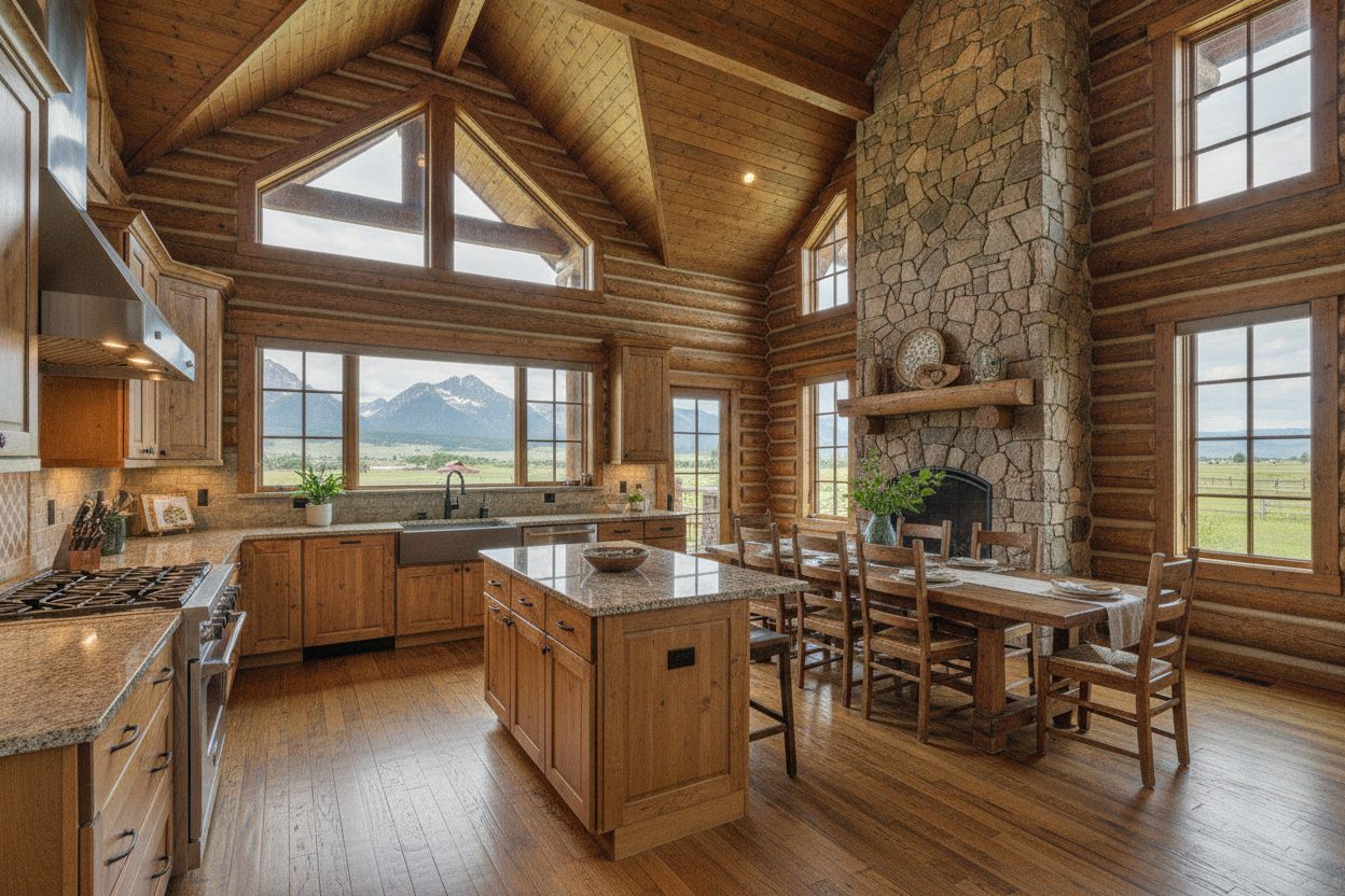 Kitchen of the log home on 40 acres in Bozeman, MT