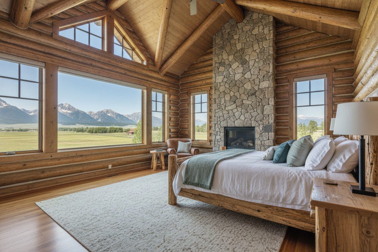 Primary bedroom of the log home on 40 acres in Bozeman, MT