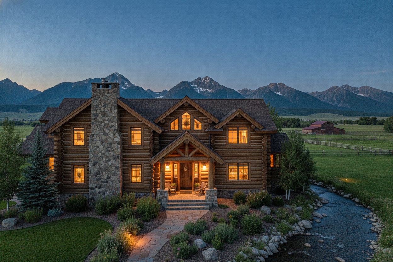 Exterior at night of the log home on 40 acres in Bozeman, MT
