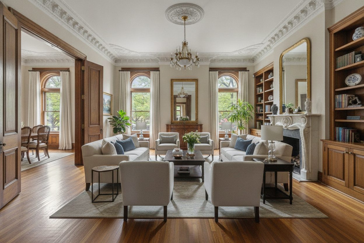 Living room of the brownstone in Brooklyn, NY