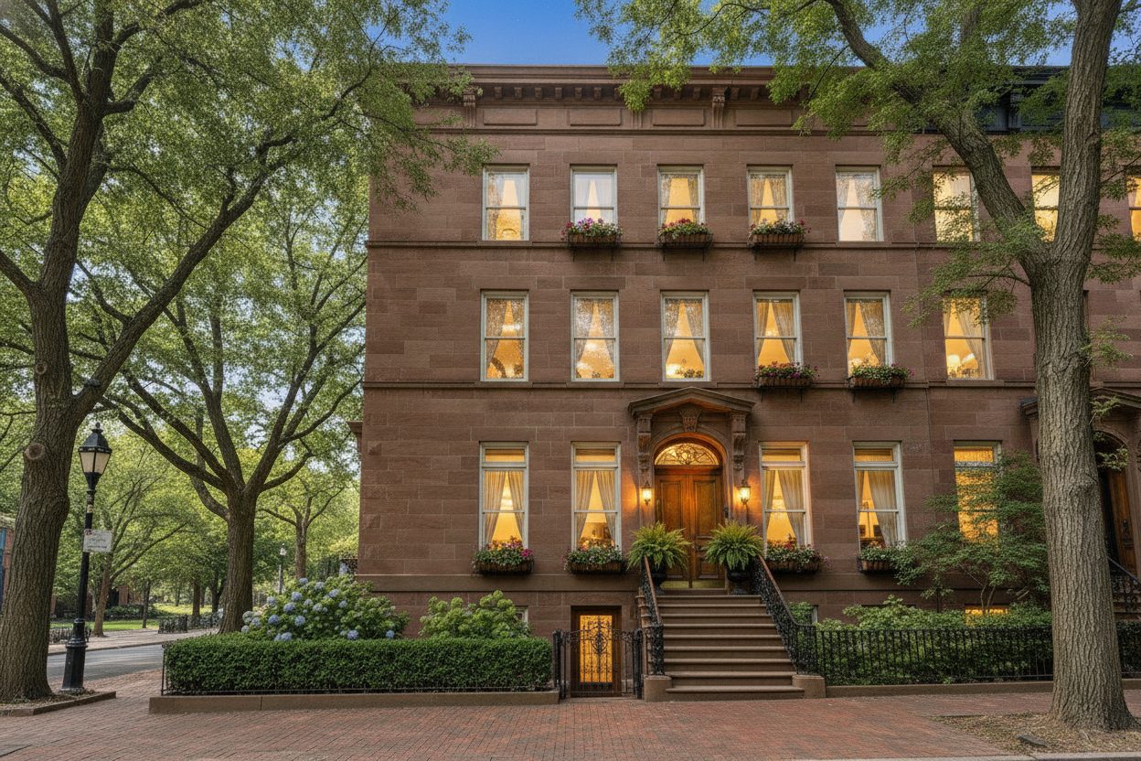 Exterior at night of the brownstone in Brooklyn, NY