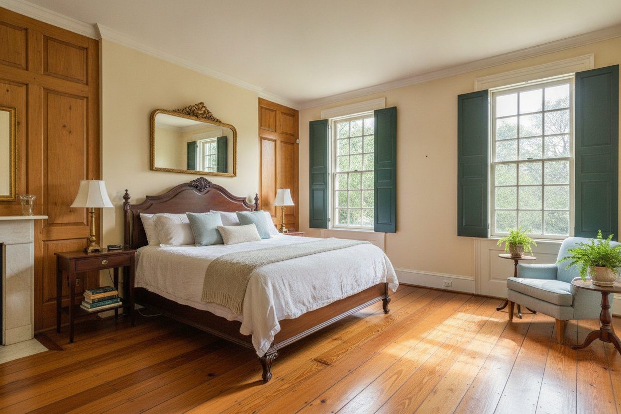 Primary bedroom of the charleston single house in Charleston, SC