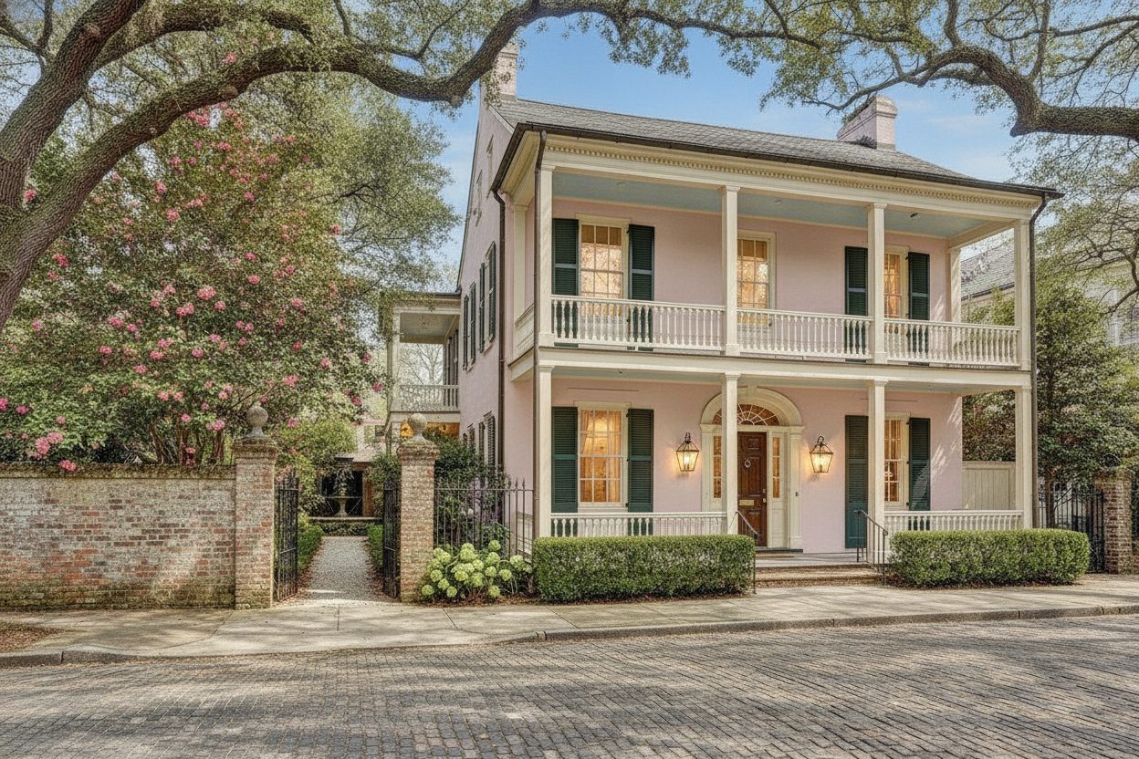 Exterior at night of the charleston single house in Charleston, SC