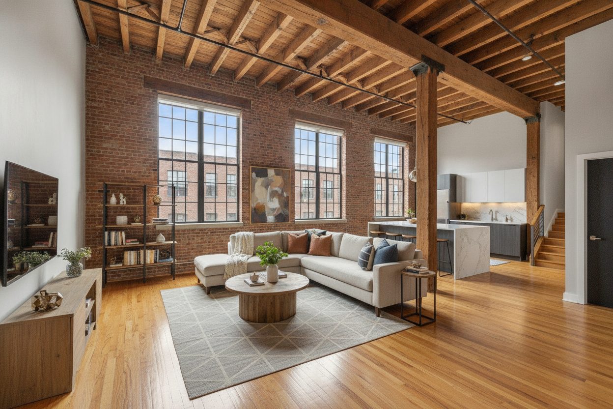 Living room of the warehouse loft in Chicago, IL