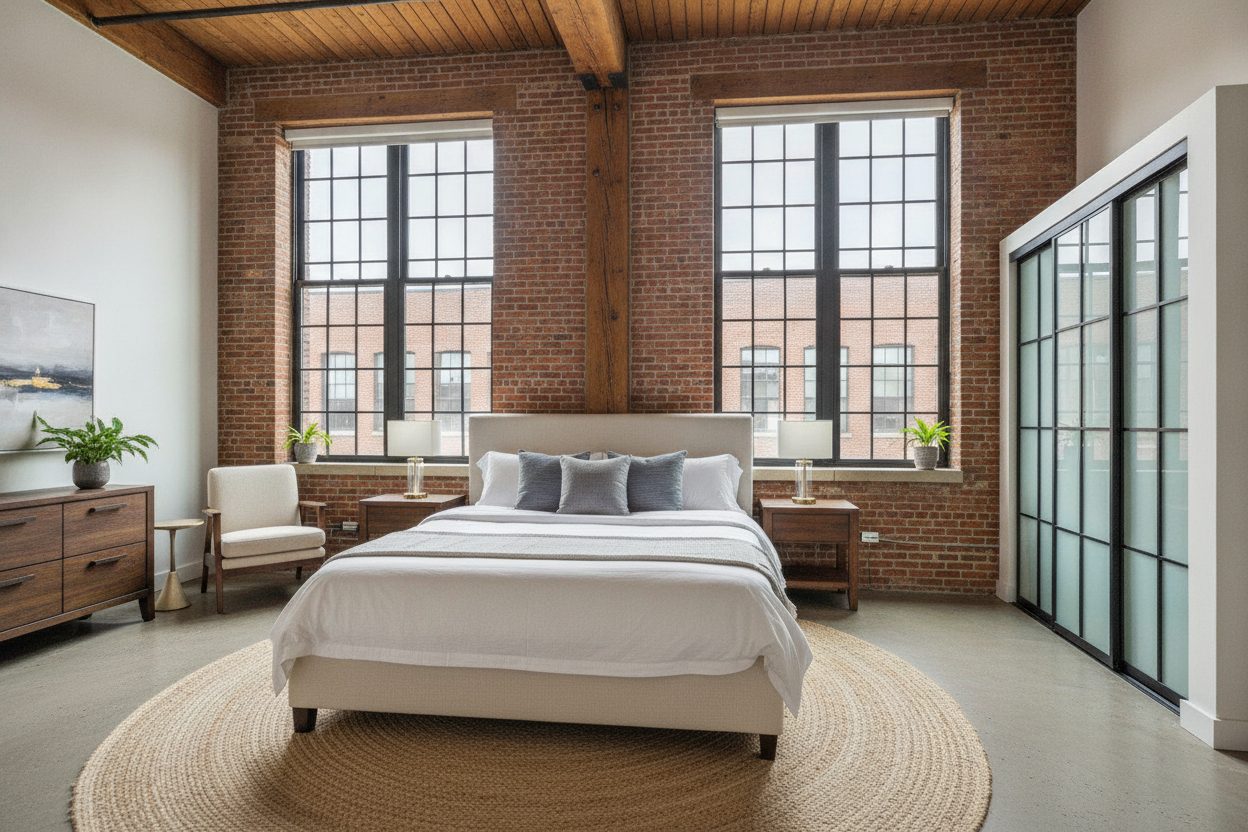 Primary bedroom of the warehouse loft in Chicago, IL