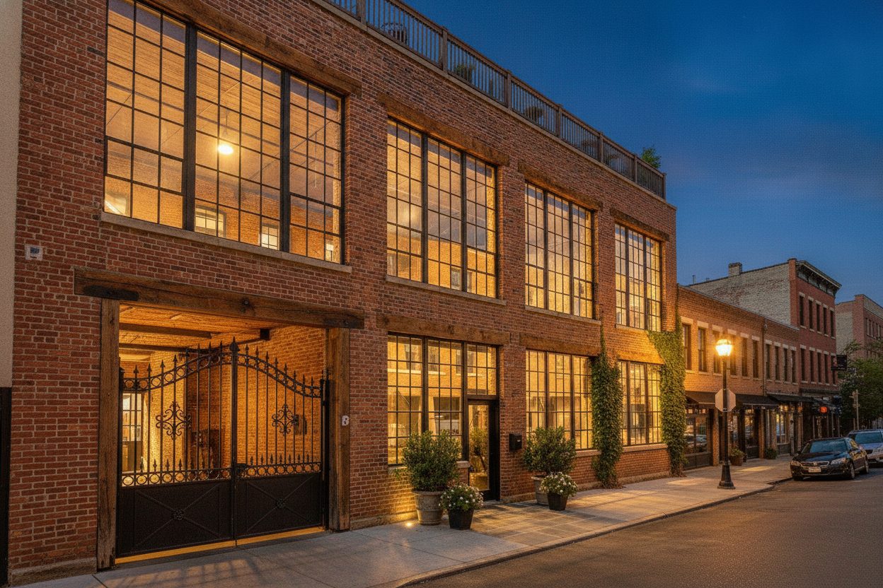 Exterior at night of the warehouse loft in Chicago, IL