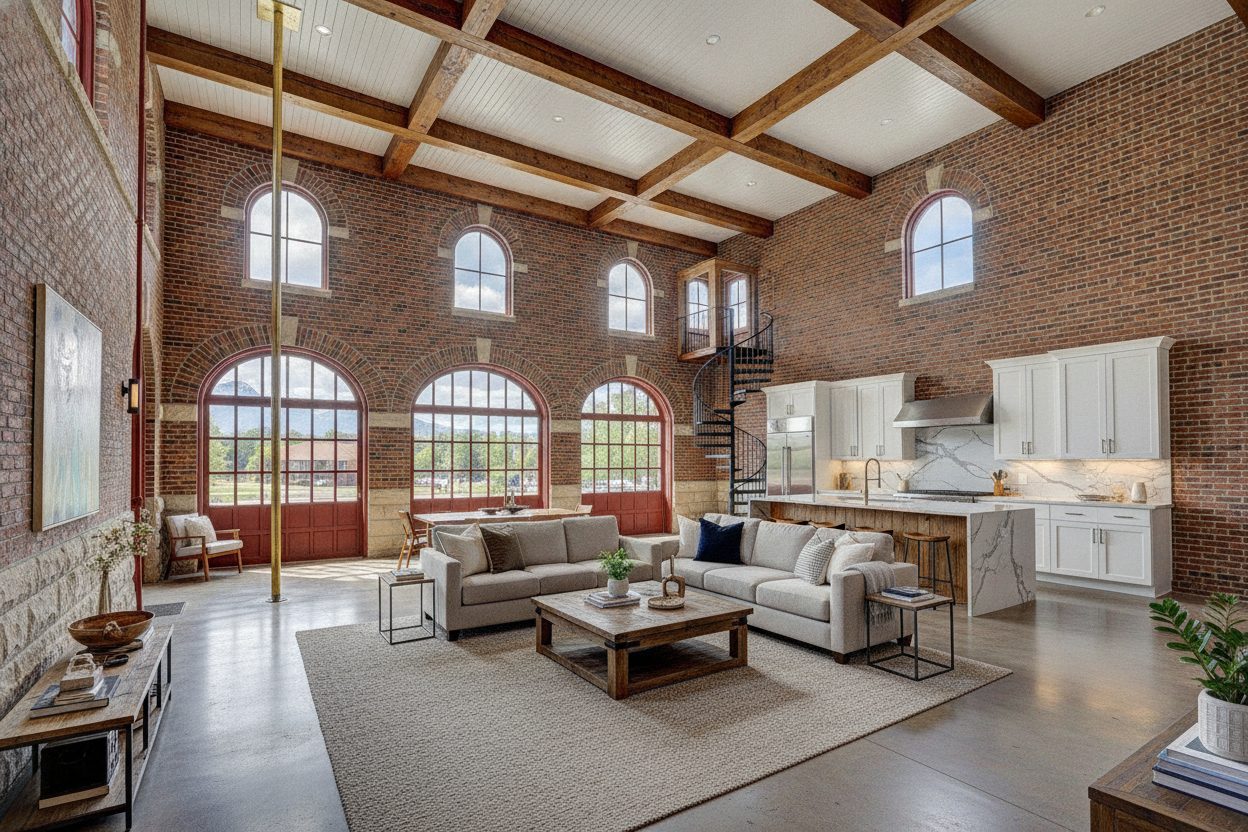 Living room of the converted 1920s firehouse in Denver, CO