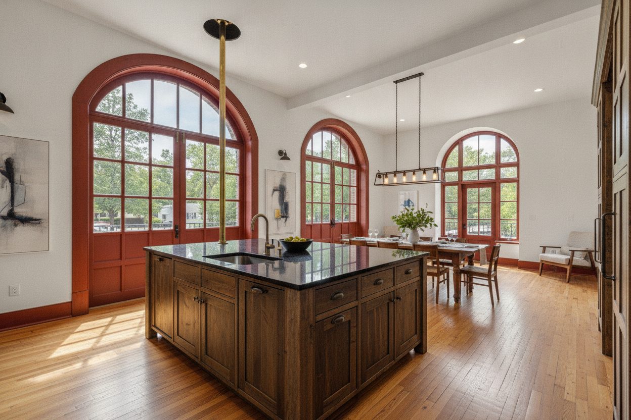 Kitchen of the converted 1920s firehouse in Denver, CO