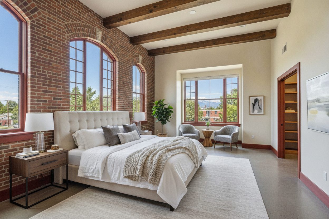 Primary bedroom of the converted 1920s firehouse in Denver, CO