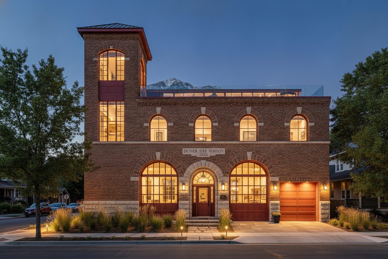 Exterior at night of the converted 1920s firehouse in Denver, CO