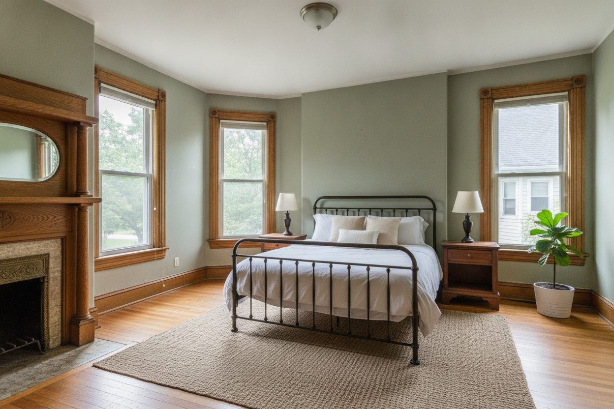Primary bedroom of the victorian fixer-upper in Detroit, MI