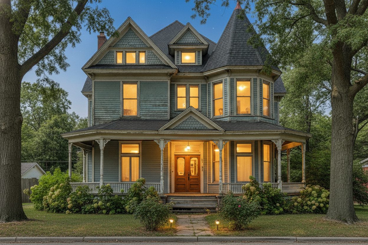 Exterior at night of the victorian fixer-upper in Detroit, MI