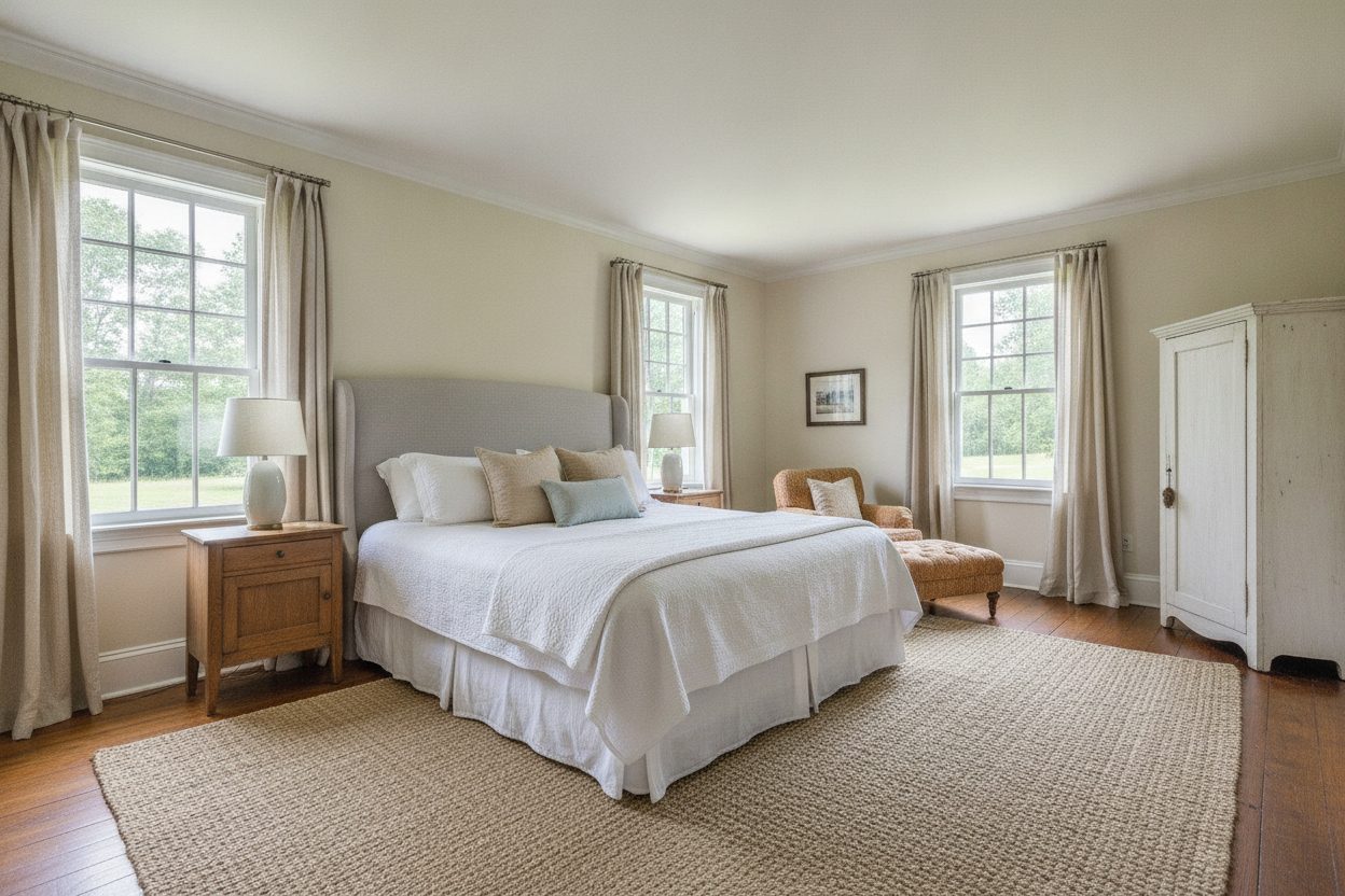 Primary bedroom of the historic farmhouse in Franklin, TN