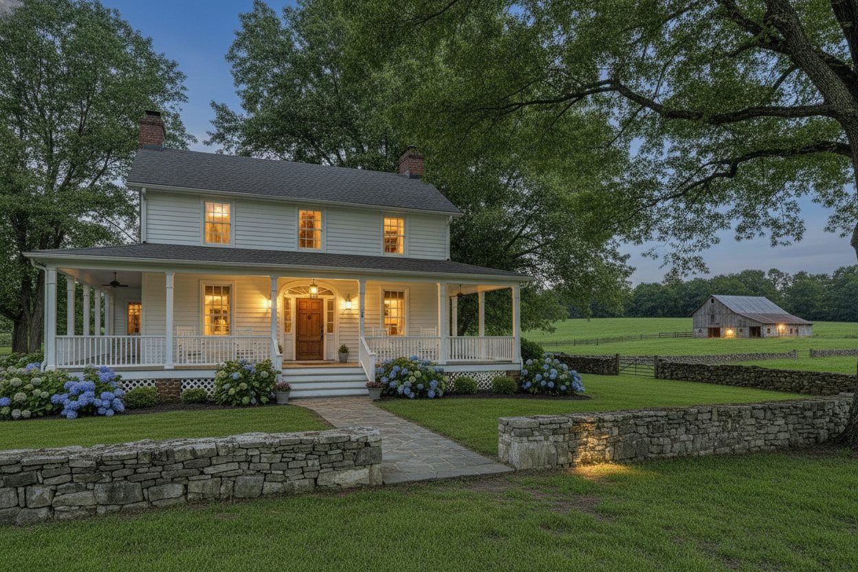 Exterior at night of the historic farmhouse in Franklin, TN