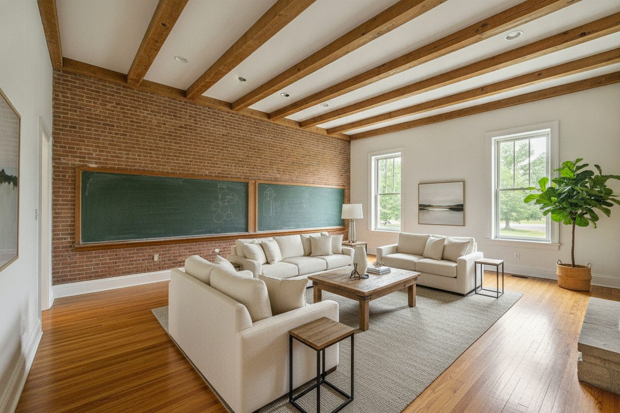 Living room of the converted schoolhouse in Galena, IL
