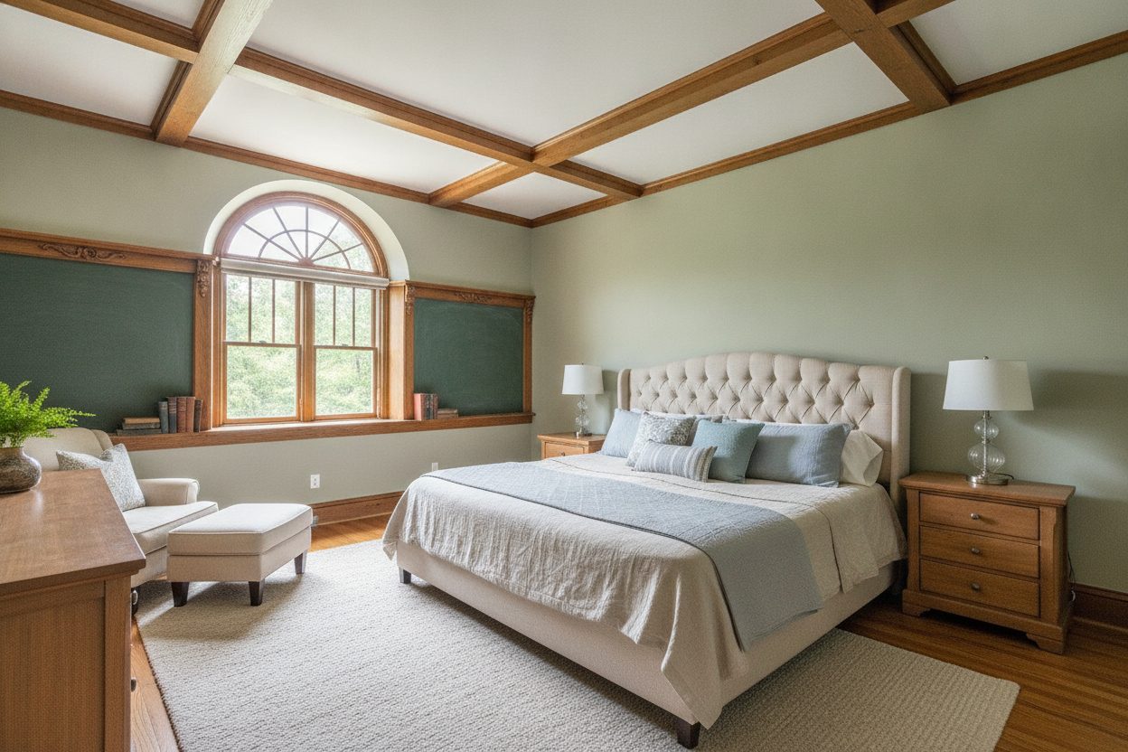 Primary bedroom of the converted schoolhouse in Galena, IL
