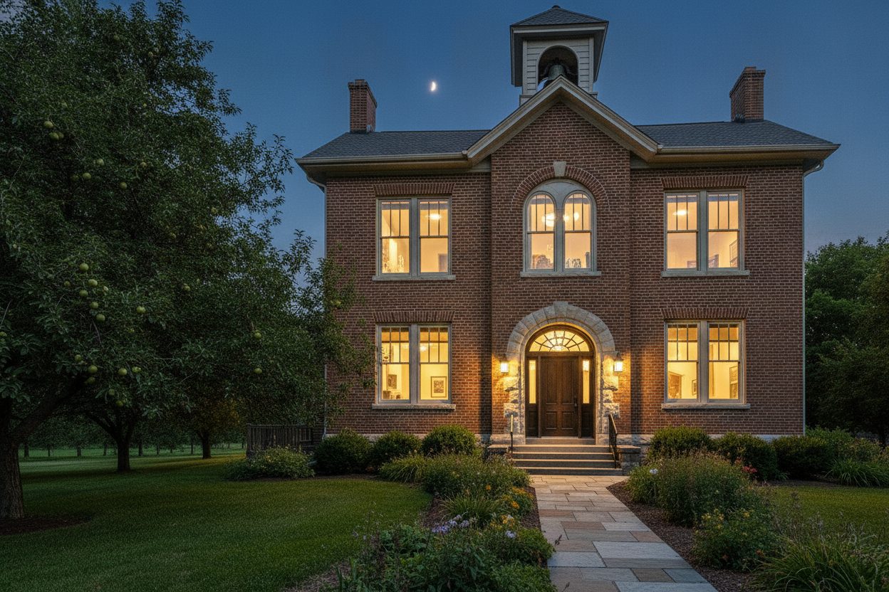 Exterior at night of the converted schoolhouse in Galena, IL