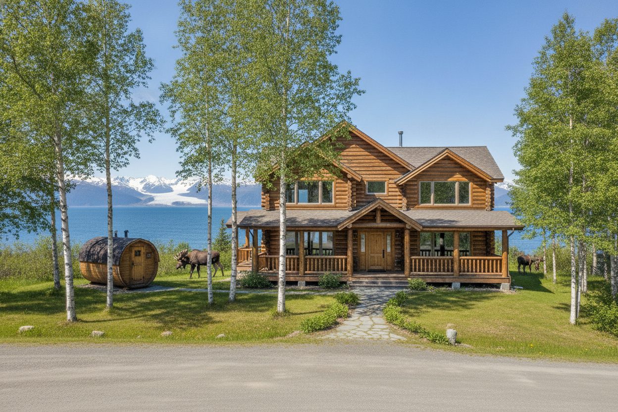 Exterior of the alaskan log home in Homer, AK