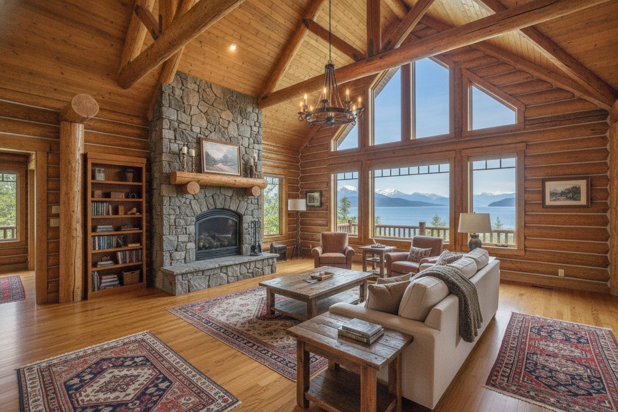 Living room of the alaskan log home in Homer, AK