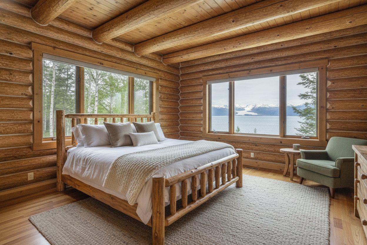Primary bedroom of the alaskan log home in Homer, AK
